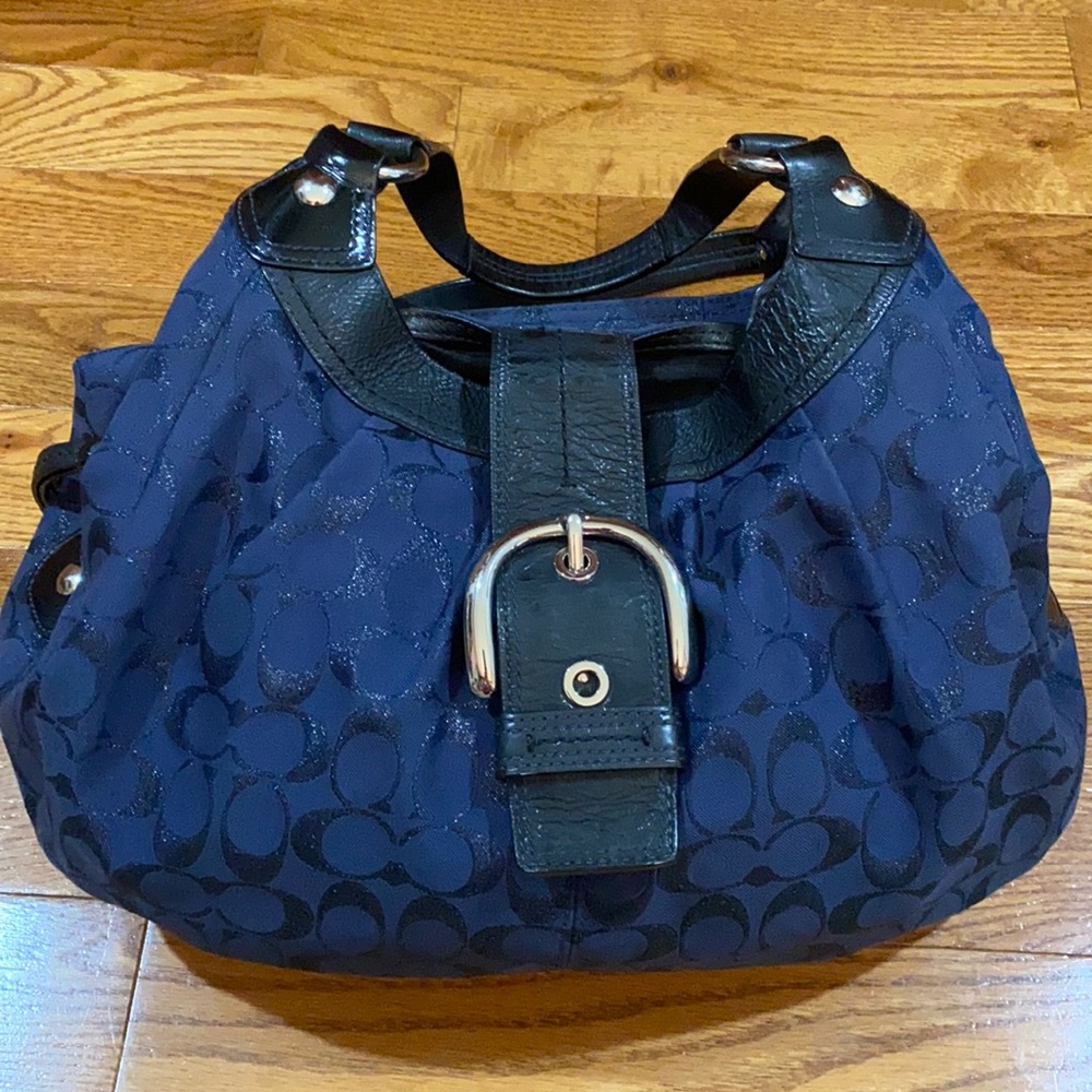 Coach bag, navy blue, black leather, silver accent